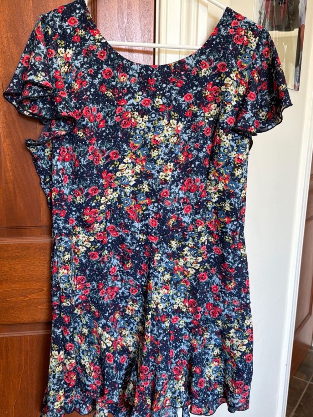 Charlotte Russe Navy Floral Casual Dress with Red & Yellow Flowers